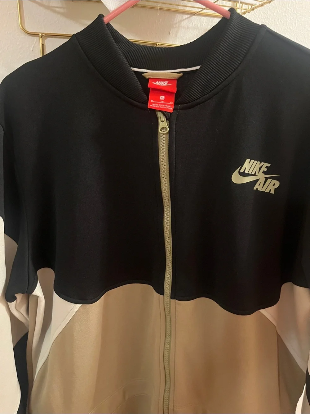Nike Colorblock Zip-Front Jumpsuit in Olive, Black & Cream